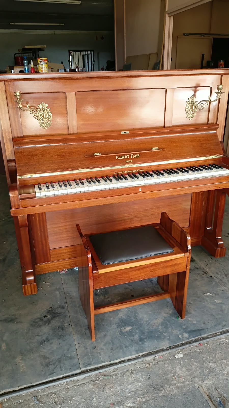 Fully restored Albert Fahr upright piano with matching bench