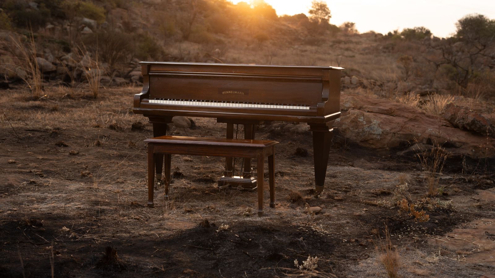 A grand piano delivered by Bennie Dekker Klavier Sentrum standing in a mountain landscape at sunset